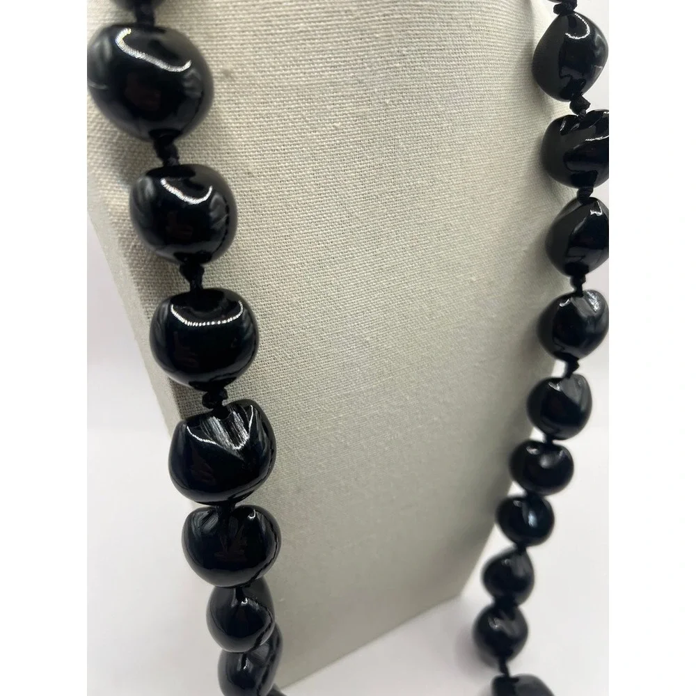 Kukui Nut Lei Necklace Black Polished Ribbon Tie Island Lightweight‎ Hawaiian